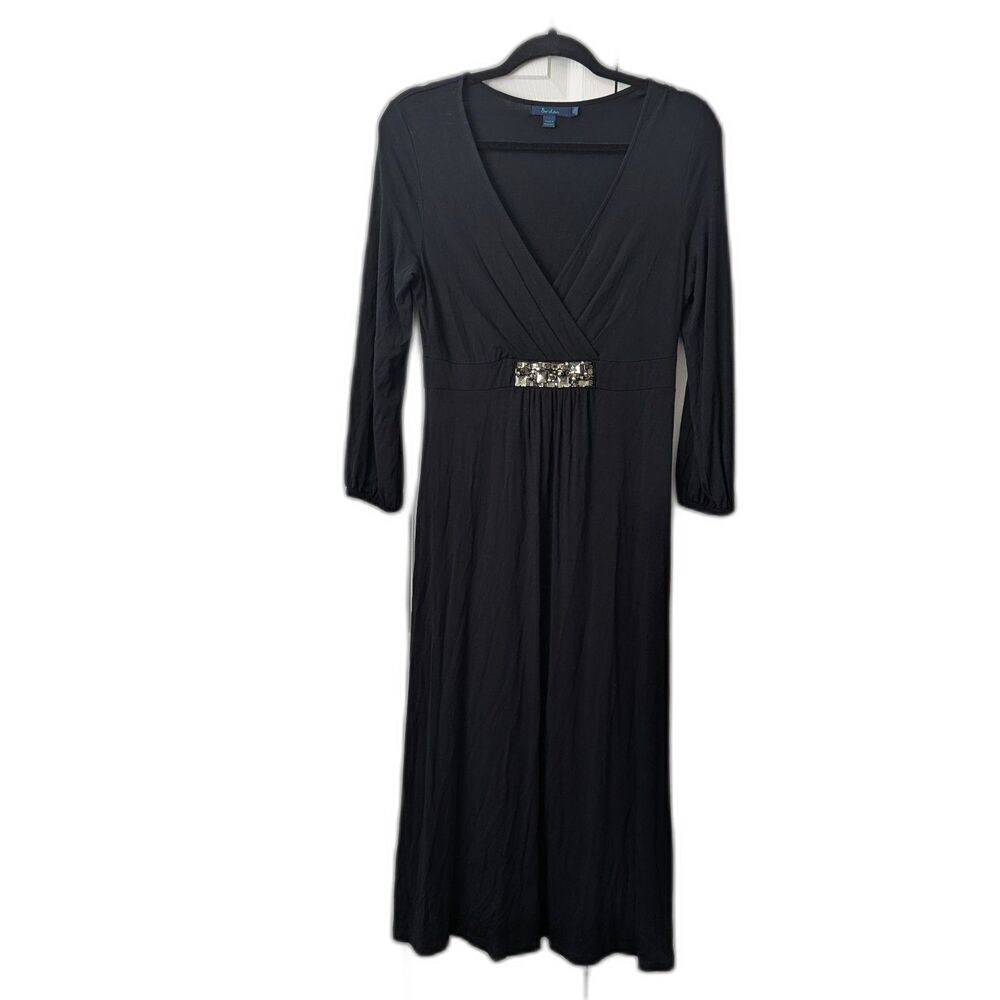 Boden Black Draped Surplice Jersey Midi Dress Women 12 Jewel Elegant Party Ready - Picture 2 of 7